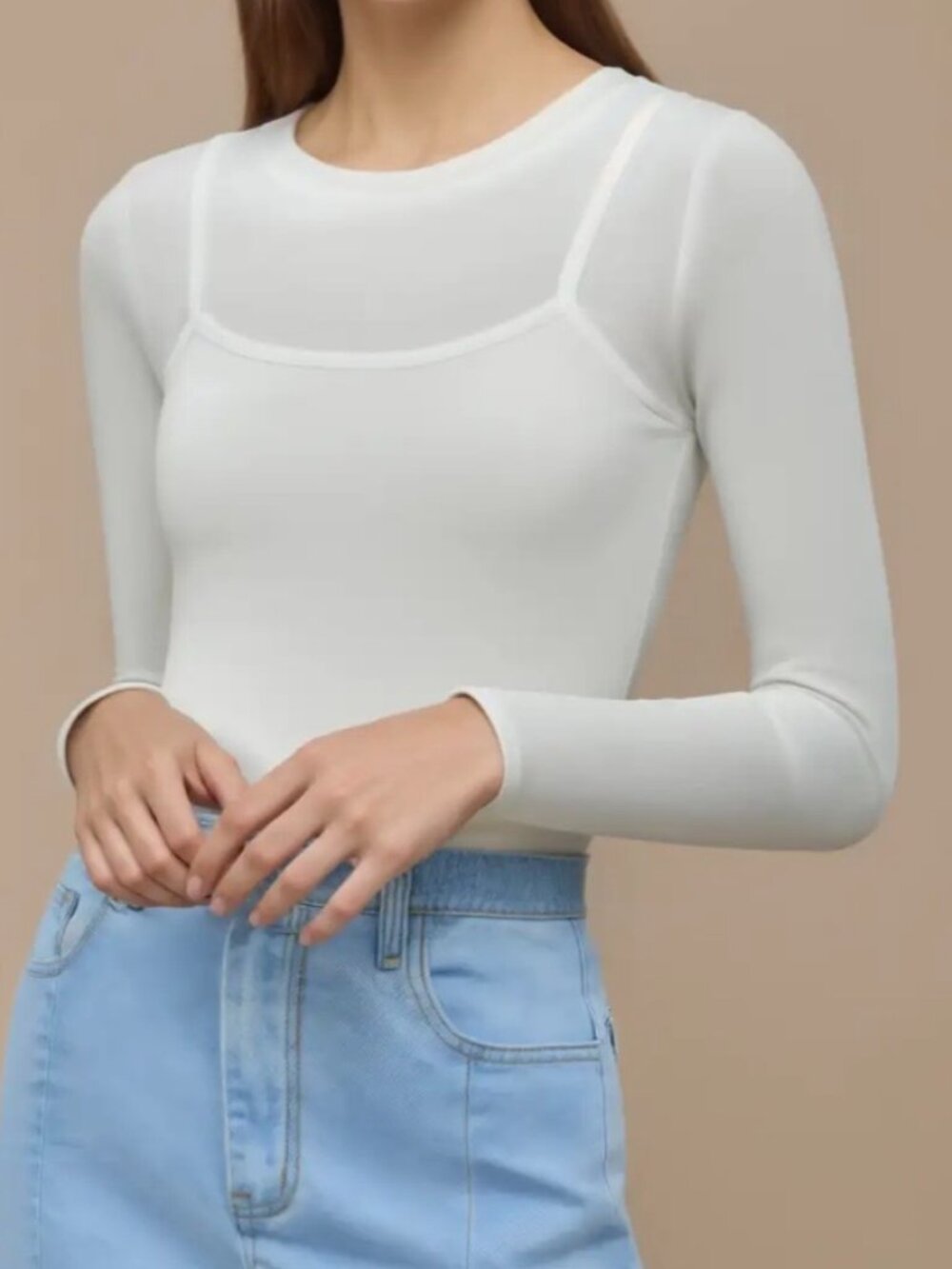 Cider 2Fer White Long Sleeve Double Layered Tank Tee Top- L